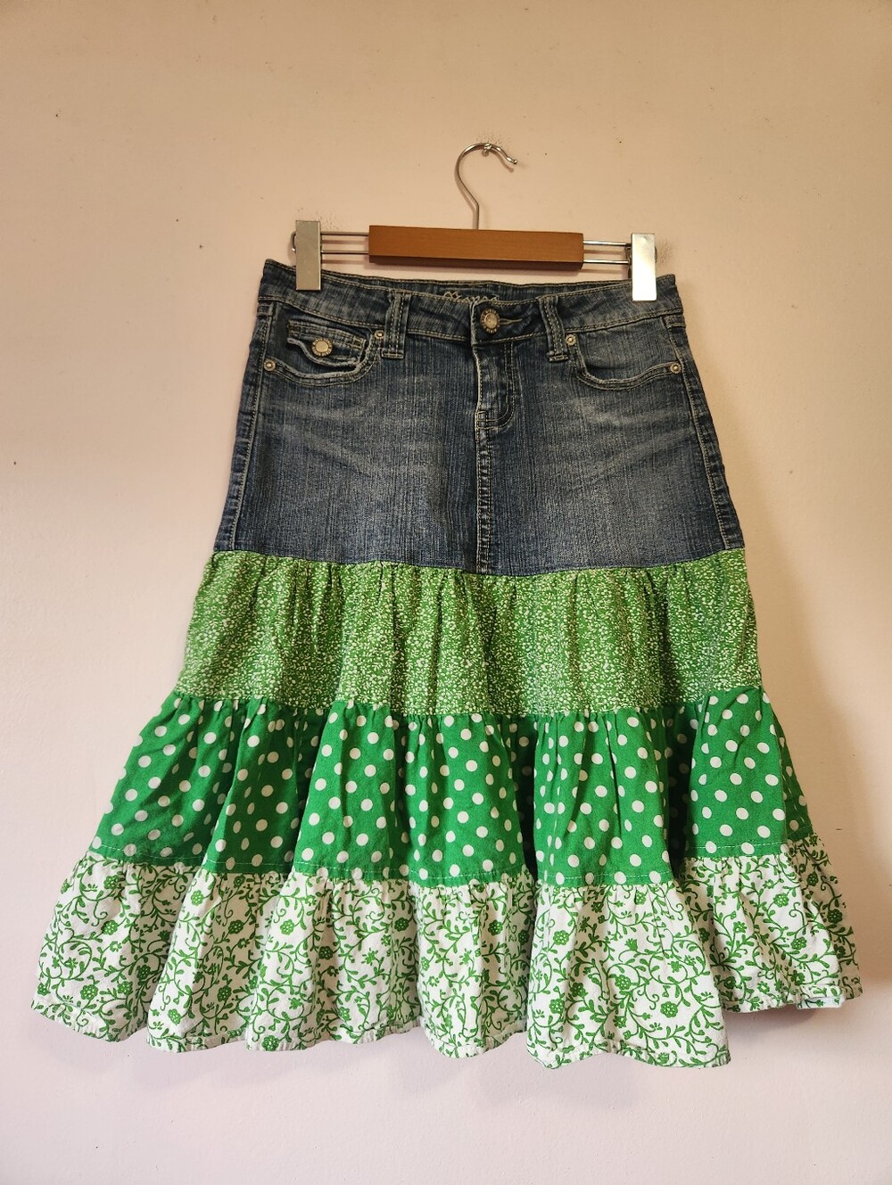 OOAK Reworked Y2K Bongo Denim Tiered Ruffle Skirt Green Floral Boho Prairie Sz 0